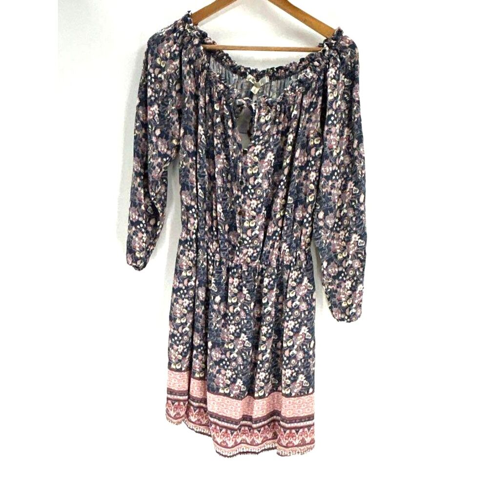 NWT Jolt Boho Floral Peasant Mini Dress Large Navy Pink Off Shoulder Long Sleeve
